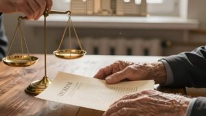 Рука юриста с весами правосудия обеспечивает юридические основы защиты прав пенсионеров в Ижевске